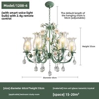 Lustre en fer forgé avec branches et cristaux verts, style pastoral méditerranéen, européen et coréen, pour salon et salle à manger, Meiyuan