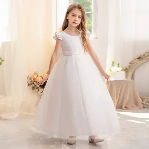 Phong Cách Phương Tây Dài Bóng Gown Trẻ Em Wedding Dress Evening Đảng Thanh Lịch Vòng Cổ Satin Top Tween Cô Gái Trẻ Em Dresses