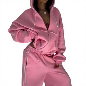 Ensemble de survêtement 2 pièces pour femme, rose, avec sweat à capuche zippé et pantalon de jogging, coupe ample, manches longues, couleur unie, décontracté, pour l'automne - Product Image 1