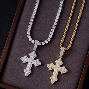 Ciondolo a Croce Hip Hop Placcato <span class=keywords><strong>Oro</strong></span> 18k con Diamanti, Ciondolo a Croce in Ottone e Zirconi per Uomo con Catena a Corda Gratuita - Product Image 4