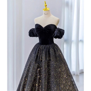Off-Shoulder Sequined Evening Gown Black Ball Gown Women's Banquet Performance Dress Natural Waistline - Product Image 3