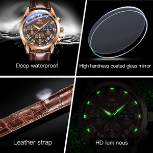 Olevs 2871 Reloj de Pulsera de Cuarzo para Hombre con Logotipo OEM, de Lujo y Moda, Cristal con Fase Lunar, Analógico, Correa de Cuero Casual - Product Image 5
