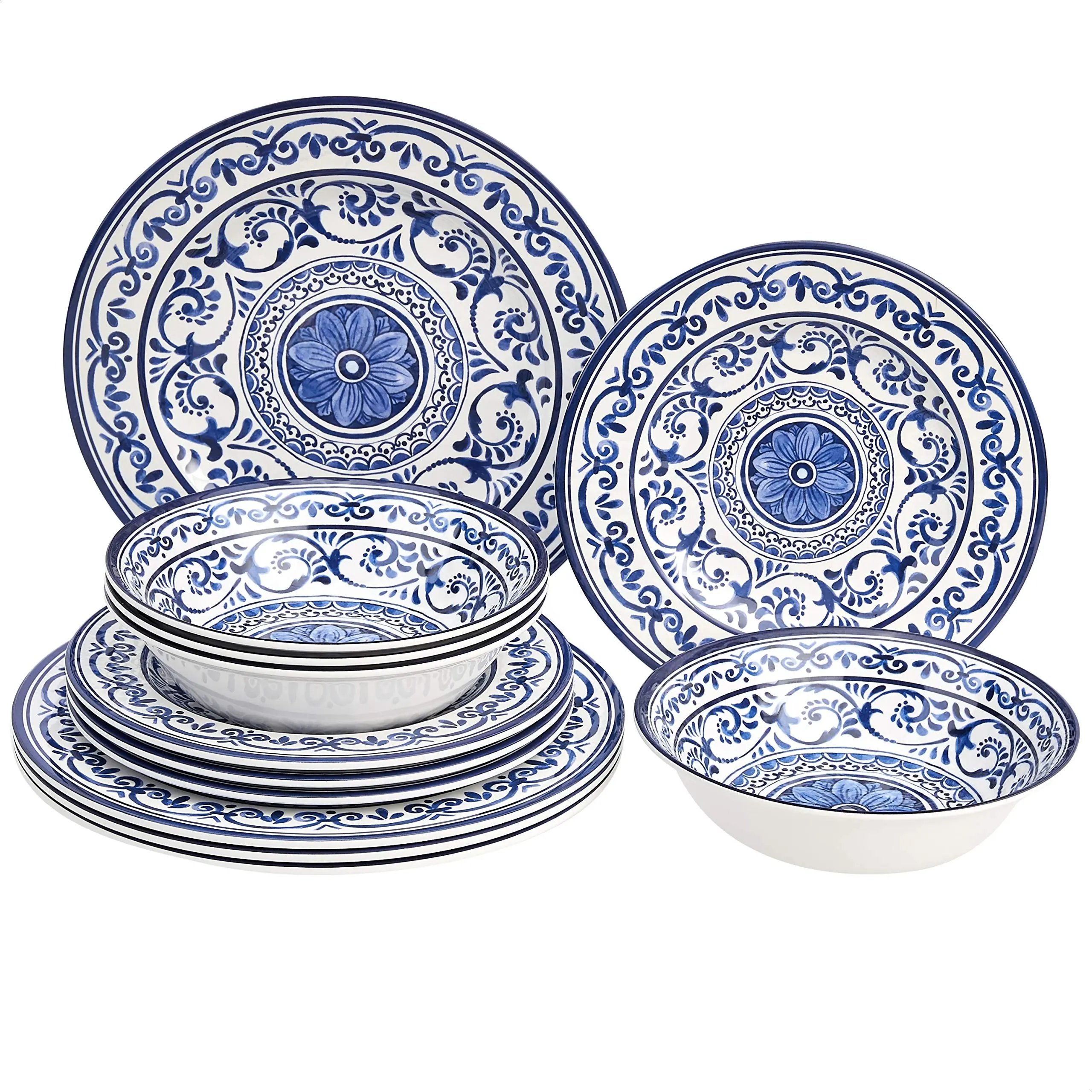 Custom Print Luxury Basics 12-Piece Traditional Blue and White Melamine Dinnerware Set for Restaurant