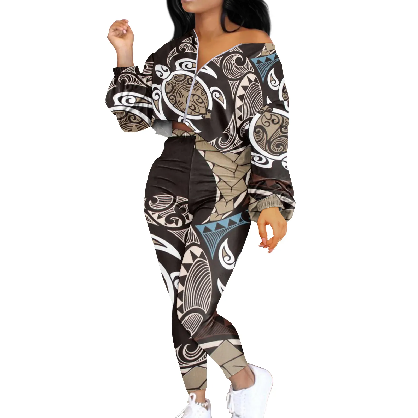 MOQ Personalizado 1 Polinesia Tribal estampado personalizado mujeres Crop Tops ropa de talla grande de manga larga traje femenino chándal 2 uds conjunto
