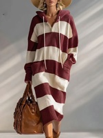 2026 Herbst/Winter Gestreifter Kapuzenpullover Lässiges Waschbares Locker Sitzendes Damen-Maxikleid