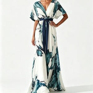 Abito Lungo Elegante da Donna con Stampa a Inchiostro OEM/ODM, Cintura in Vita, Maniche Corte e Scollo a V - Sehe Fashion - Product Image 3