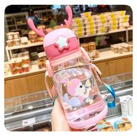 Nouvelle Bouteille d'Eau en Plastique 500 ml pour Enfants avec Paille, Tasse Mignonne à Sangle, Motif Dessin Animé, pour Maternelle et École Primaire
