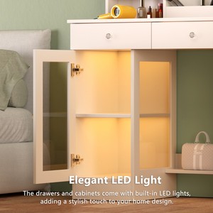 Modern Small <b>Vanity</b> Desk Mirror Lights 2 USB Ports 2 Drawers Cabinet Storage Solid Wood Design Durable Hotel Living Room - Product Image 6
