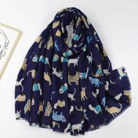 Écharpe longue à imprimé animal de chat mignon avec foulards imprimés à pompon Écharpe hijab châle en polyester
