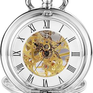 Montre de poche vintage à remontage manuel avec cadran squelette à chiffres romains, personnalisable en gros, avec chaîne - Product Image 3