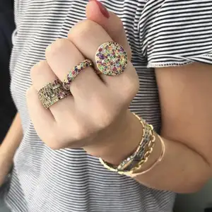 Nieuwe Ronde Geometrische Grote Disco Cocktail Ring Voor Vrouwen Goud Gevulde Regenboog Cz Sieraden