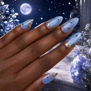 <span class=keywords><strong>Faux</strong></span> <span class=keywords><strong>ongles</strong></span> à presser de luxe, forme amande, motif filigrane doré céleste, avec gemmes <span class=keywords><strong>bleu</strong></span> <span class=keywords><strong>turquoise</strong></span> et étoiles, personnalisables, vente en gros - Product Image 2