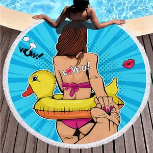 Custom Printed Round Holiday Swimming Cotton Beach Towel With Fringe Tassels