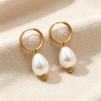 Boucles d'oreilles pendantes en acier inoxydable style français vintage avec perles coquillages et perles facettées en forme de goutte d'eau pour femme