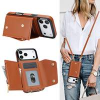 Étui portefeuille minimaliste en PU avec fermeture éclair pour iPhone et Samsung, emplacements anti-RFID, support intégré, dragonne et bandoulière, coque antichoc