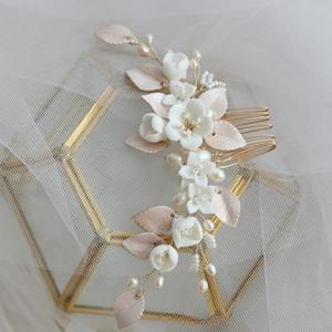 Estética de alta calidad <span class=keywords><strong>flores</strong></span> nupciales europeas peine de cerámica perla natural hecho a mano accesorios de boda tocado - Product Image 5