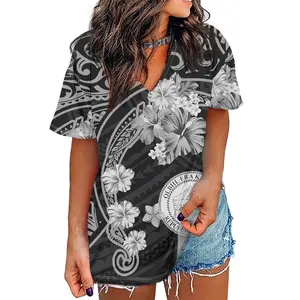 Caroline Islands Palau Flower Print t-Shirt Short Sleeve Unique Neck Design Loose Women's Tops Fashion Streetwear