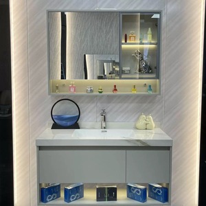 Meuble-lavabo à haute brillance avec évier simple et éclairage LED, étagères ouvertes à surface facile à nettoyer pour dortoir étudiant, <span class=keywords><strong>chambre</strong></span> d'hôtel - Product Image 6
