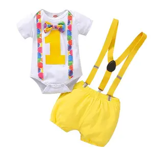 الطفل مجموعة ملابس الصيف لطيف Bowknot رومبير الحمالات مجموعة تي شيرتات قصيرة للأطفال عيد ميلاد اللباس للطفل الصبي BBOF-002