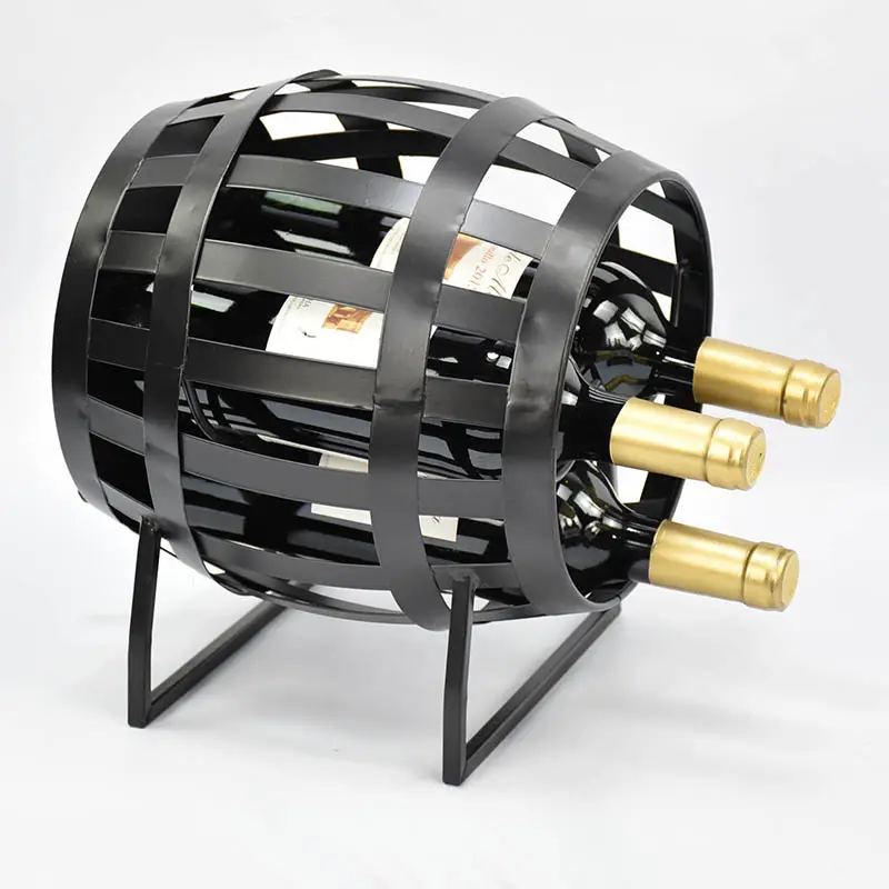 Metal Bottle Holder Wine Bottle Holder Vintage Decorative Metal Barrel Shaped Tabletop Black Wine Rack