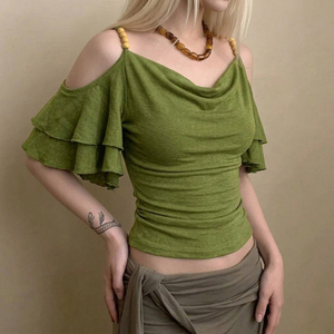 Blusa Casual Verde Y2K para Mujer, Estilo Vintage, con Hombros Descubiertos, Cuello Drapeado, Tirantes con Cuentas, Manga con Volantes, Corte Ajustado y Corto - Product Image 3