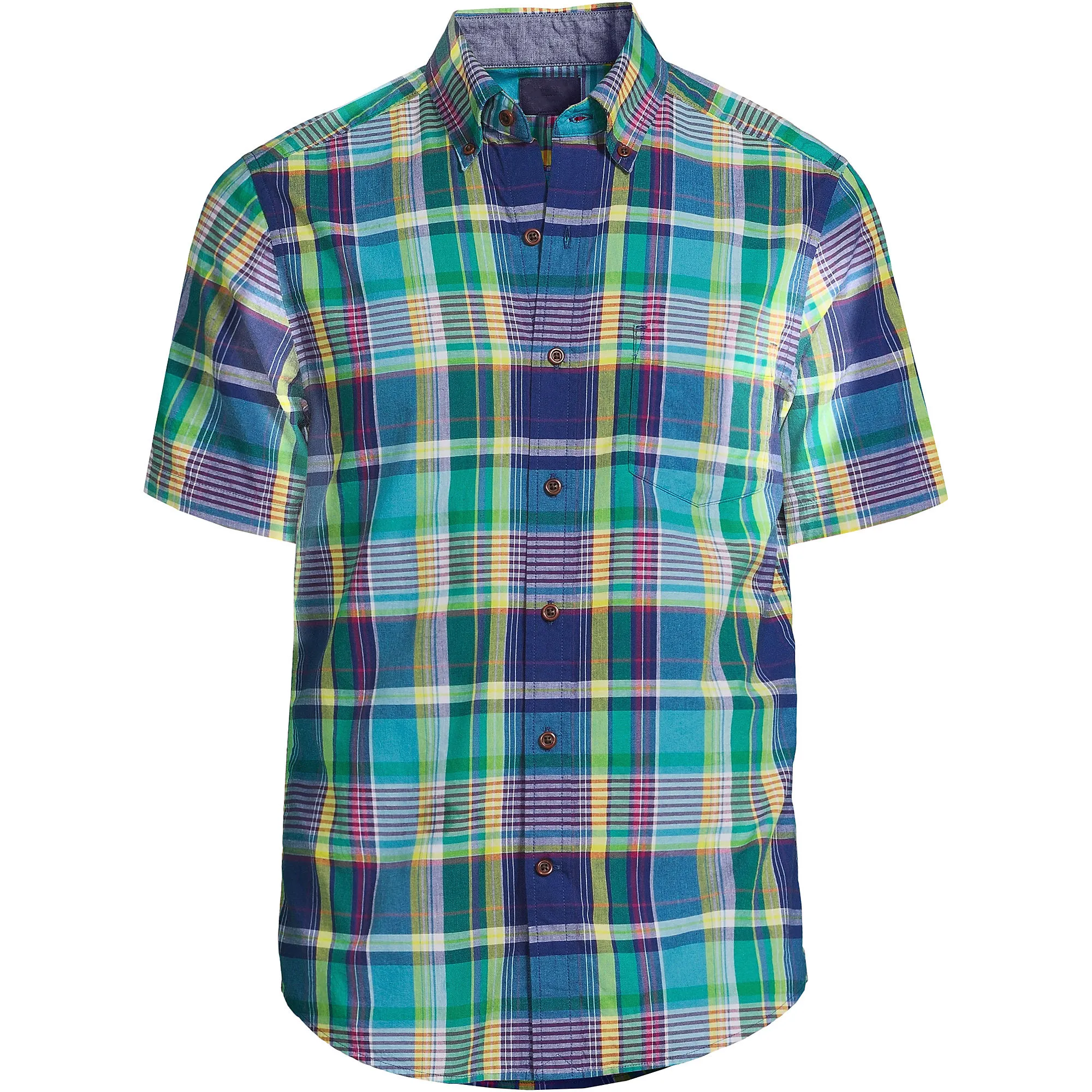 Multi Green Plaid Short Sleeve Button Up Collar OEM Checked Mens Flannel Shirt