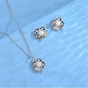 High Quality Pearl Jewelry Women 925 Sterling Silver Earring And Necklace Zircon 4 Clover Leaf Lucky Silver Jewellery Set