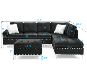 Canapé d'angle convertible moderne 3 places avec chaise longue réversible, ottoman de rangement, porte-gobelets, en forme de L, en velours, mousse à mémoire de forme, métal - Product Image 4