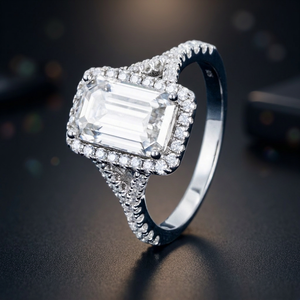 Luxury <b>Emerald</b> Cut Moissanite <b>Ring</b> 925 Sterling <b>Silver</b> Iced Out Halo Engagement <b>Ring</b> - Product Image 3