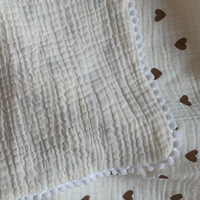 Couverture bébé en mousseline 4 épaisseurs, réversible, imprimé cœurs, bordure pompons, douce, respirante, pour poussette et berceau