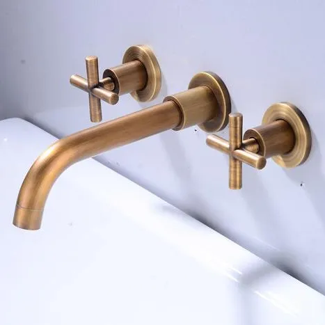 Antique Brass Widespread Bathroom 360 Swivel Spout Sink Faucet Wall Mounted Double Cross Handles Basin Faucet