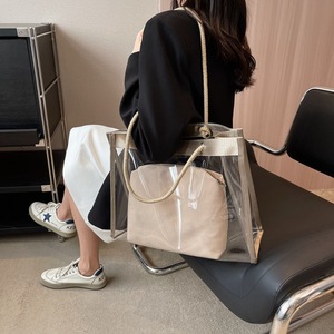 Transparent Large Capacity Women's Tote Bag Khaki Waterproof Everyday Use Summer 2024 Horizontal <b>Square</b> Style - Product Image 2