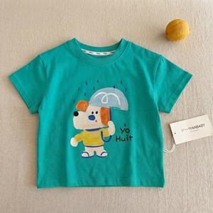 Miyaby Children's Summer Short Sleeve T-Shirt Cartoon Print Cotton Round Neck Top For Boys Green And Off White - Product Image 3