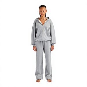 Women Gray Full <b>Zip</b> <b>Hooded</b> Tracksuit Set Solid Color Casual Loose Fit Side Pockets Autumn Wear 100% Cotton Midweight - Product Image 1