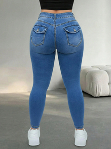 Jeans de mezclilla elásticos de cintura alta ajustados de talla grande para mujer, pantalones casuales de primavera con bolsillos con cremallera y botones, estilo urbano. - Product Image 5