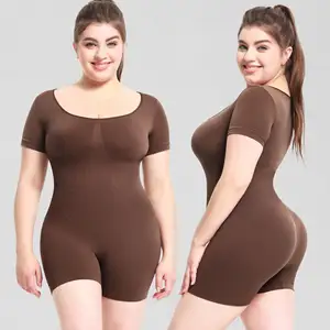 Plus Size Body Shaper Women One Piece Jumpsuits Seamless Short Sleeve Slim Fit Base Layer Gym Yoga Bodysuits