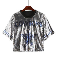 Chemisier ample à sequins étoiles pour femme, idéal pour les matchs NFL, Dallas, blanc et bleu, pour encourager les équipes