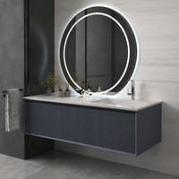 Meuble-lavabo flottant de luxe gris foncé cannelé avec lavabo, miroir LED rond et armoire murale pour projets hôteliers et d'appartements