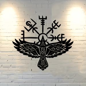 Décoration murale en fonte d'art déco nordique personnalisée avec corbeau viking et Vegvisir, panneau métallique pour la maison, 1 pièce, taille personnalisée disponible - Product Image 6