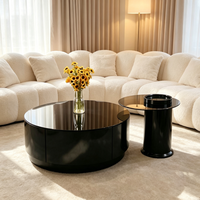 Ensemble de tables basses gigognes de luxe style ferme, en verre trempé noir brillant et métal, avec piédestal cylindrique robuste, table d'appoint décorative pour la maison
