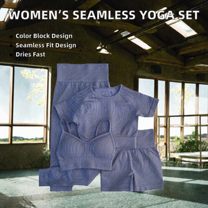 Women's Yoga Set 4 Piece <b>Striped</b> <b>Crop</b> <b>Top</b> Shorts High Waist Seamless Spandex Polyester Breathable Workout Sportswear - Product Image 2