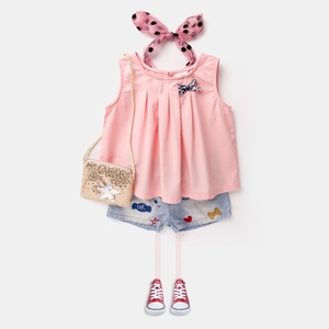 เสื้อเด็ก แขนกุด แต่งระบาย ไหล่เปิด แบบครอปท็อป ขายส่งราคาถูก - Product Image 1