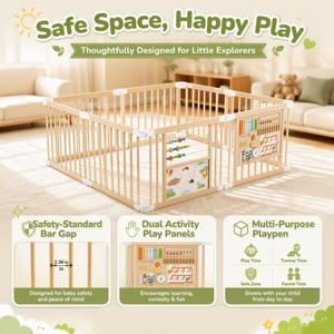 Parc de jeu pour bébé en bois moderne, taille réglable, avec panneaux éducatifs, clôture de sécurité portable pour utilisation en extérieur, montage facile pour enfants - Product Image 3