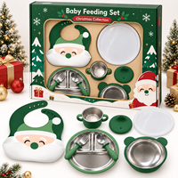 Ensemble d'alimentation pour bébé en silicone et acier inoxydable personnalisé OEM avec assiette, bol, bavoir et ustensiles à motif Père Noël