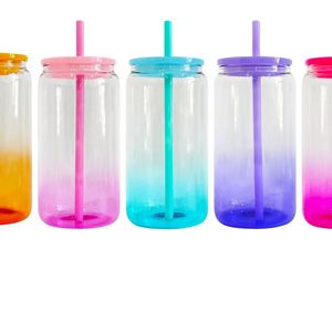 Verre en borosilicate transparent coloré effet ombré de 16 oz avec couvercles et pailles en PP colorés pour sublimation vinyle – Entrepôt US - Product Image 1