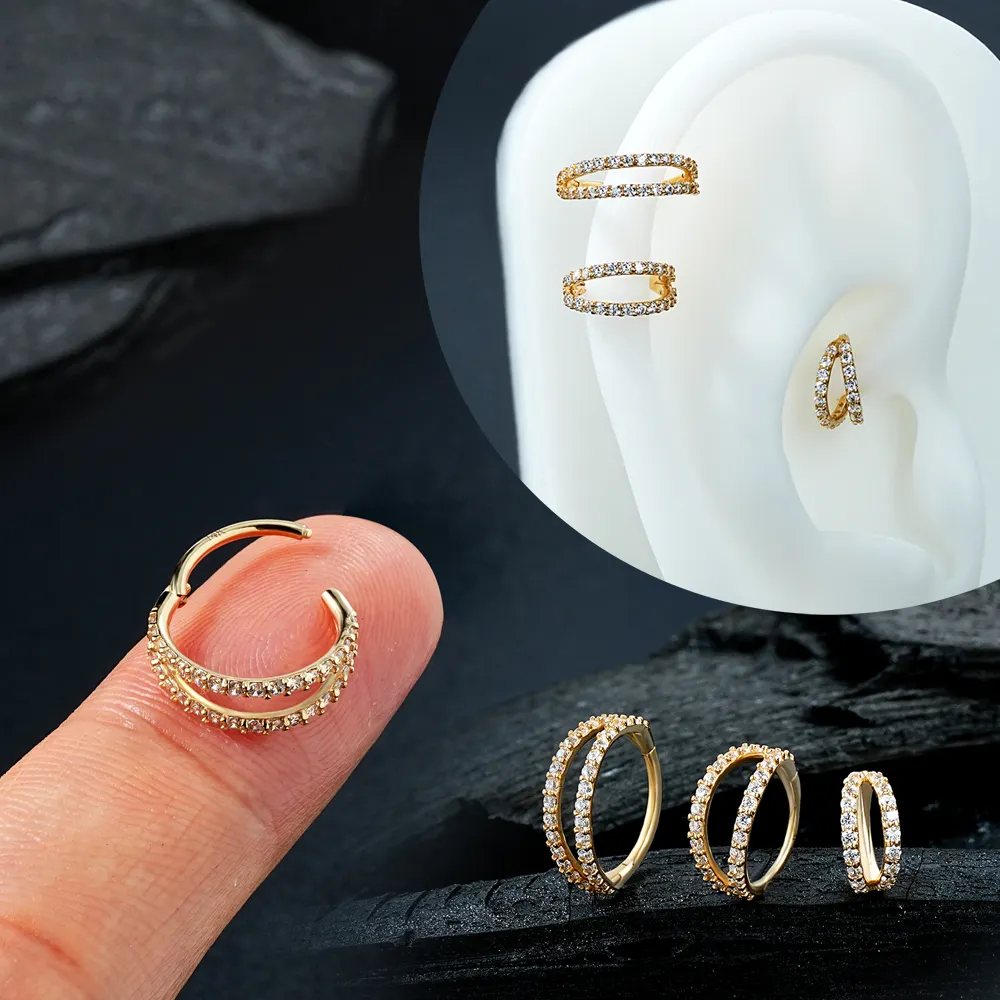 14K oro sólido doble capa pavimentado CZ segmento con bisagras anillo nariz anillo cuerpo Piercing joyería