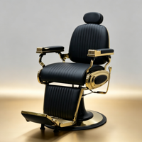 Chaise de coiffure sophistiquée noire et or, coussin en cuir côtelé, base ronde sur piédestal