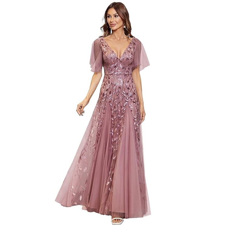 Classic Sage Green Leaves Embroidered Wedding Dress for Plus Size Guests - Sequined Detail, V-Neck, Floor-Length Style Classic Sage Green Leaves Embroidered Wedding Dress for Plus Size Guests - Sequined Detail, V-Neck, Floor-Length Style