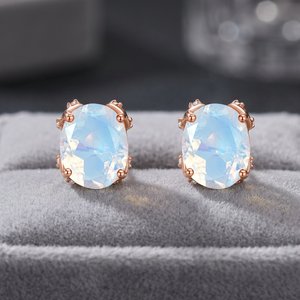 Rose Gold Plated Moonstone <b>Stud</b> Earrings Oval Shape Claw Setting Women's Classic Everyday Wear Jewelry - Product Image 4