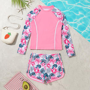2026 Cô Gái 2 Pcs Phát Ban Bảo Vệ Đồ Bơi Hoa In Dài Tay Áo Tắm Phù Hợp Với Trẻ Em Quần Short Bãi Biển Kích Thước 8-12T Tankinis - Product Image 2